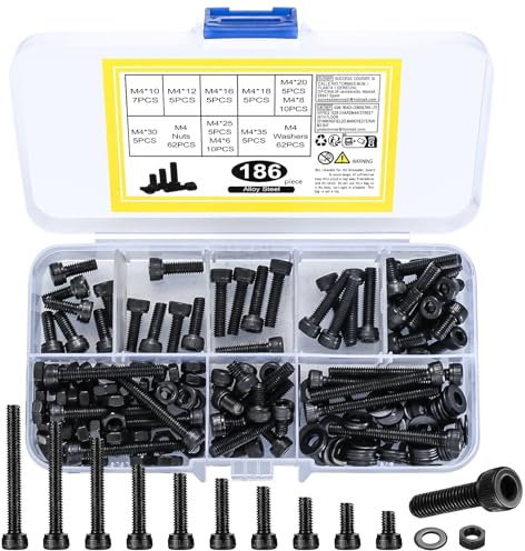 M4 Nuts and Bolts Set, 186 Pcs Hexagon Socket Head Cap Screws, Hex Socket Cap Head Screw, Black Machine Scraw Bolts and Nuts and Flat Washers Assortment Kit, for DIY Bicycle Motorcycle Repair