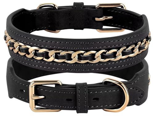 Didog Echtes Leder Hundehalsband, Geflochten Mit Stilvoller Metallkette für Mittlere Große Hunde, Schwarz, L