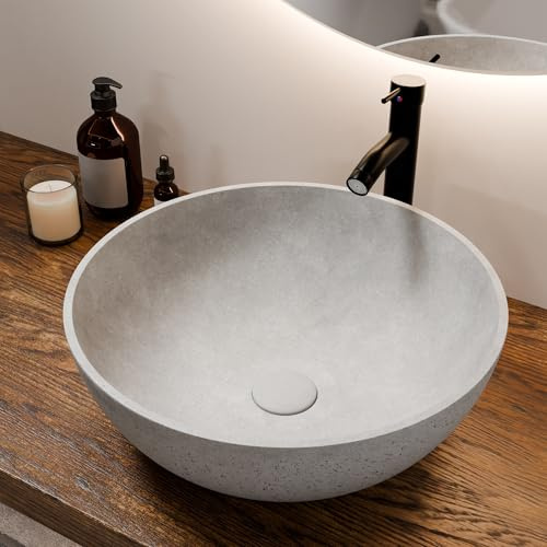 YIMAI Ingenuity Design Vessel Sink Concrete Bathroom Sink above Counter Small Vessel Sink Bathroom Sink Bowl Countertop Modern Sinks with Faucet and Drain Combo 15.7 Round Gray