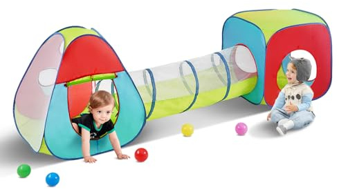 VEVOR 3 in 1 Kids Play Tent with Tunnel for Boys, Girls, Babies and Toddlers, Indoor/Outdoor Pop Up Playhouse with Carrying Bag & Banding Straps as Birthday Gifts, Red/Yellow/Blue Multicolor