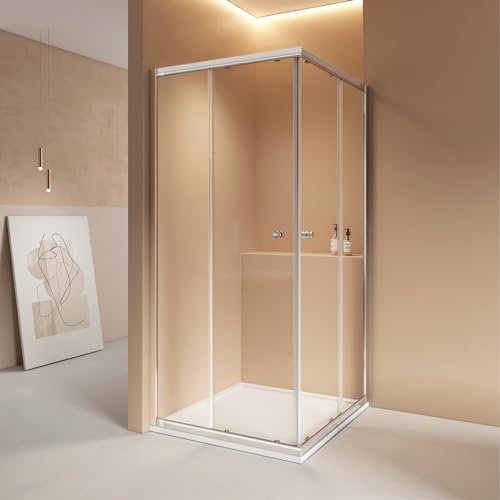 EMKE Duschkabine 75x90 Eckeinstieg mit Schiebetüren, Duschabtrennung Doppel Schiebetür Dusche, Eckeinstieg Duschkabine Duschwand Duschtür 5mm ESG Glas, Duschkabinen Höhe 185 cm