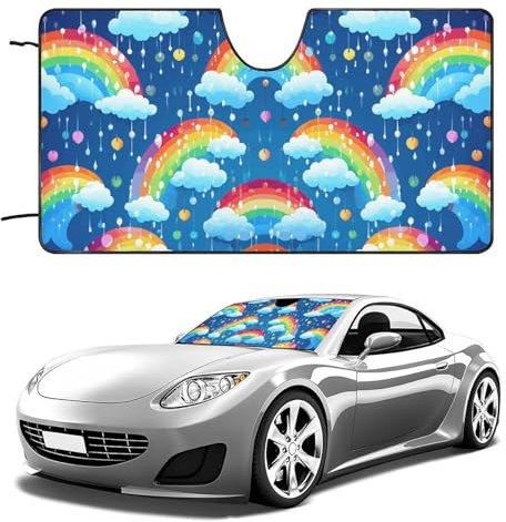 DJUETRUI Pare-soleil pliable pour pare-brise de voiture, nuages arc-en-ciel, gouttes de pluie, pare-soleil de voiture pour la plupart des berlines, SUV, camions, accessoires de voiture, 140 x 76 cm