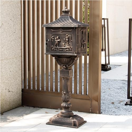 MTTXY Cast Aluminum Mailbox with Post, Heavy Duty Postal Box with 2 Keys, Retro Vertical Floor-Standing Mailbox for Outdoor Patio