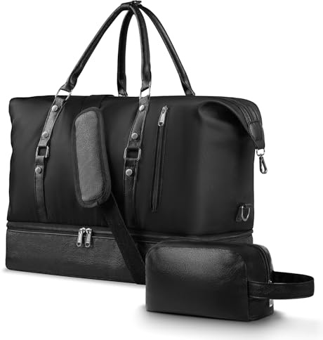 Stouchi Reisetasche Weekender Damen Groß Sporttasche Travel Duffle Bag mit Nassfach Schuhfach Faltbare Handgepäck Tasche, Schwarz