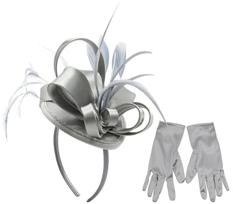 amangul Satin-Fascinator, Hut, Partyhut, Stirnband und kurze Handschuhe, Cocktail-Party, Kopfbedeckung für Damen, grau, Recommended head circumference 56-58cm