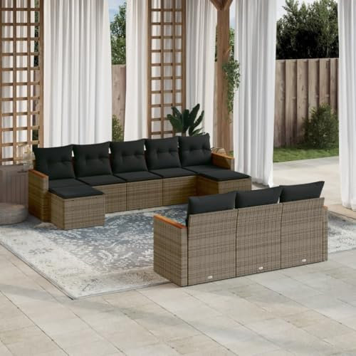 THOYTOUI 10-TLG. Garten-Sofagarnitur, Gartengarnitur Set Garten essgruppe Biergartengarnitur Terrassenmöbel Geeignet für Garten Veranda Terrasse Balkon mit Kissen Grau Poly Rattan