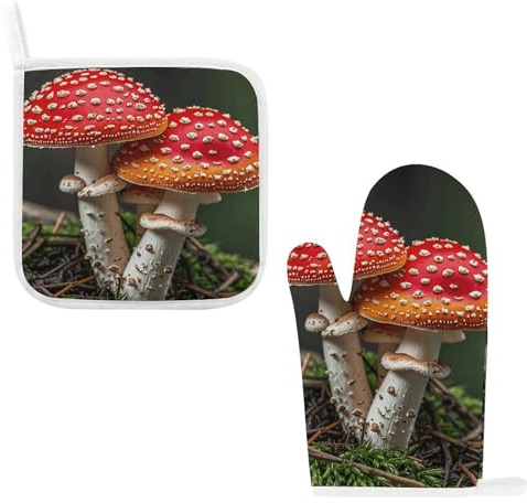 Guanti da forno e presine a forma di funghi con cappuccio rosso, guanti isolanti resistenti al calore, presine per cucina, cottura al forno, grigliate (set da 2 pezzi)