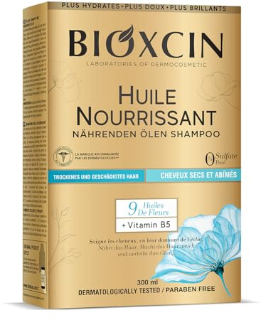 Bioxcin Champú nutritivo con aceites nutritivos, para cabello seco y dañado, con 9 aceites florales y vitamina B5-300 ml