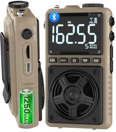Bluetooth AM FM Shortwave Radio with NOAA Weather Alert,1250mAh Rechargeable Portable Pocket Radio with Best Reception,5W Big Speaker, Digital Tuner and Earphone,Support SD Card and USB Player（Brown）