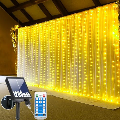 RJEDL Solare Tenda Luminosa Natale Esterno, 3x3M 300 LED Luci di Natale Tenda USB-Power, IP65 Impermeabile Con Telecomando Timer e Funzioni di Memoria