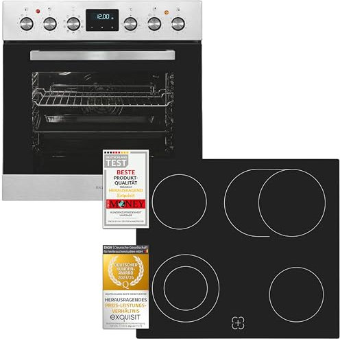 Exquisit Kit de cuisinière encastrable EHE185-HBZ-020 - En acier inoxydable - Volume de la chambre de cuisson : 75 l - 9 programmes de four - Plaque de cuisson avec cadre - Classe énergétique A