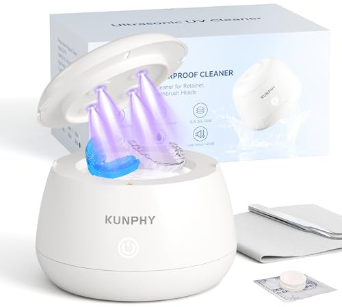 KUNPHY Ultrasonic Retainer Cleaner, IPX7 Water-Proof Denture Cleaner Machine, Portable Dental Cleaning Pod with Cleaning Tablets for Deep Cleaning Mouth Guard, Aligner, Braces, Jewelry, White