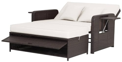 COSTWAY Garden Rattan Daybed, 4-Level Adjustable Patio Wicker Loveseat Sofa Bed Sun Lounger with Storage Ottoman, Retractable Tray & Cushions, Outdoor Double Conversation Furniture (White+Mix Brown)