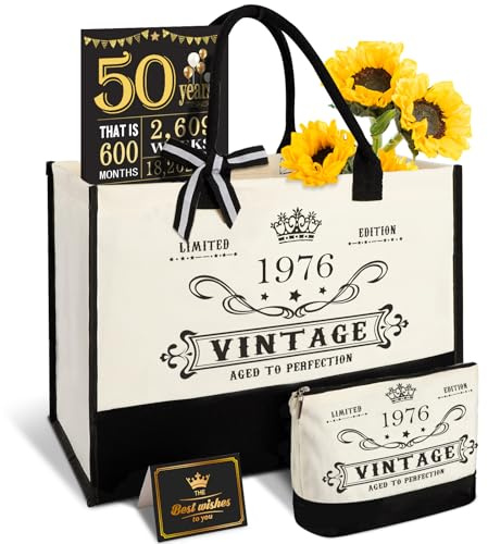50. Geburtstagsgeschenk für Frauen-Vintage 1976 Tote Tasche, Make-up Tasche | Große Kapazität, Leicht zu Reinigen und Wiederverwendbar, Wasserdichte Beschichtung, Leinwand Tasche,Geburtstagskarte 50 Frau