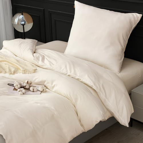 SAPHREAS Bettwäsche 135x200 100% Gewaschene Baumwolle 2teilig, Bettwäsche Sets mit Reißverschluss & 8 Schlaufen, Oeko-Tex Zertifiziert Bettbezug für Allergiker, Cremeweiß(Ohne Bettdecken)