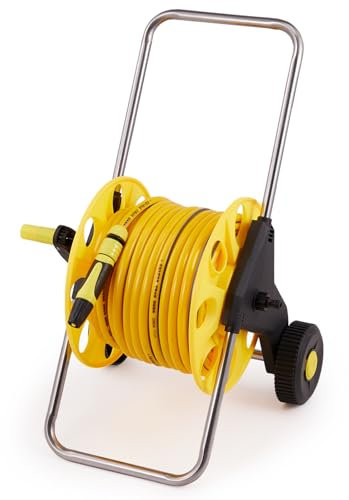 DKIEI Garden Hose Reel Cart with 40M Hosepipe & Adjustable Spray Nozzle, Portable Hose Pipe Reel with 2 Wheels, Retractable Freestanding Hose Holder for Outdoor Patio Cleaning & Lawn Watering