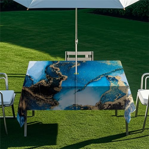 Morbuy Outdoor Tischdecke mit Schirmloch, Blau Marmor Serie Tischdecke Outdoor Wetterfest Rechteckig wasserdichte Gartentischdecke Tischtuch Tischschutz Abwischbar (Stil 1,213x152cm)