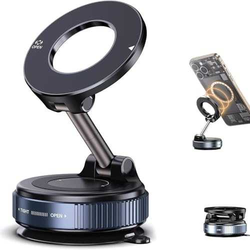 JUYOSOFT Vacuum Magnetic Phone Holder, 360° Adjustable Magnetic Car Mount, Foldable Portable Suction Cup Cell Phone Mount for Car/Gym/Mirror/Shower, Compatible with All Smartphones & All Car Models