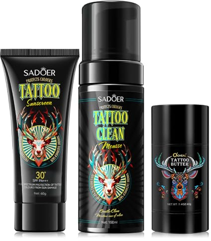 3 Pièces Kit de Soin pour la Peau Tatouée, Creme Tatouage Tattoo Butter, Crème Solaire pour Tatouage et Mousse Nettoyante, Aftercare Tattoo, pour Tatouages Anciens Nouveaux