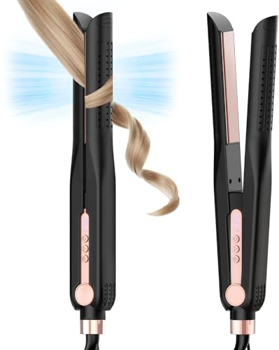 SKIMI Airflow Styler, Titanium Flat Iron Hair Straightener, Professional Curling Iron with Cooling Air Vents to Lock in Style, 5 Temps & Dual Voltage, Auto Off (Black & Blush Gold).