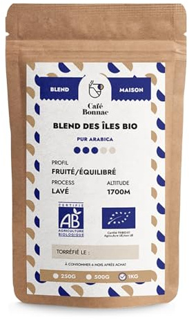 Café Bonnac – Café Bio En Grain Blend Des Îles 1kg | 100% Arabica | Notes De Vanille, Cacao Et Fruits Tropicaux | Torréfaction Artisanale | Idéal Machine À Grain