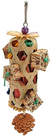 TYCIONG Jouets à Mâcher pour Perroquets, Jouet de Recherche de Nourriture pour Oiseaux, Jouet à Mâcher pour Perroquets avec Panier en Bambou, Noix de Pomme de Pin, Feuilles de Maïs pour