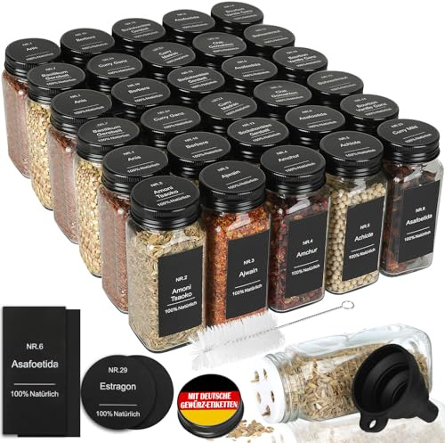 Withosent Svart keps för kryddburkar, rektangulär, set om 30, kryddburkar i glas med skruvlock