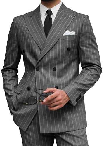 Wangyue Grey Mens Double Breasted Suit Slim Fit 2 Piece Pinstripe Suits Gomez Addams Costume for Men Business Suits Blazer Pants XXS