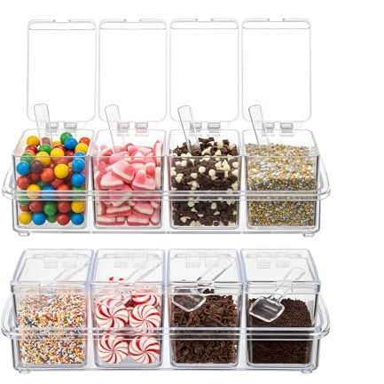 Wiojtry 8 Pcs Hot Cocoa Bar Supplies Clear Acrylic Sugar Bowls and Seasoning Spice Box with Cover and Spoon Cocoa Marshmallows Peppermints Chocolate Chips Storage Container for Hot Chocolate Bar