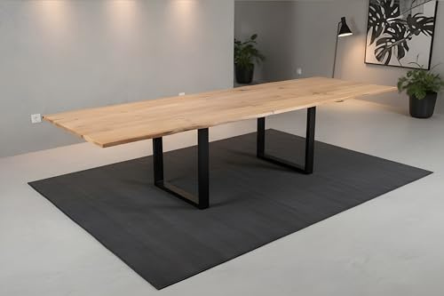 SAM Esstisch Sessa mit Ansteckplatten | 160 x 85 cm (erweiterbar auf 260 x 85 cm) |Eichenholz massiv + geölt | echte Baumkante | U-Gestell Metall schwarz | Baumkantentisch/Esszimmertisch