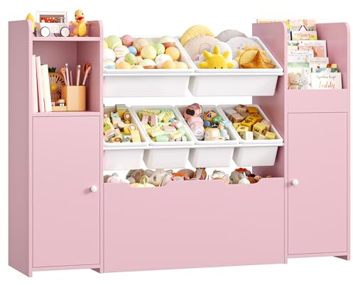FOREHILL Organizer Giocattoli, Porta Giochi Bambini con 6 Scatole Contenitori, Mobile Porta Giochi con Portariviste, 1 Cassetto Grande con Ruote, per Cameretta e Sale Giochi, 138x30x94 cm (Rosa)
