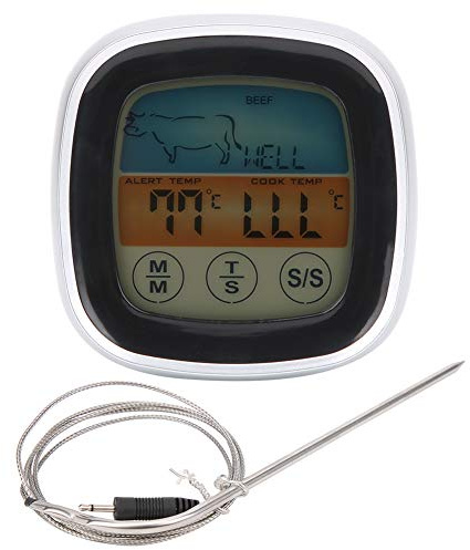 Thermomètre Viande Numérique, Fourchette Cuisine avec Écran Tactile, Sonde Pliable, Thermomètre Barbecue - Écran Rétroéclairé, Minuterie Intégrée, Pour Gril et Cuisson Maison