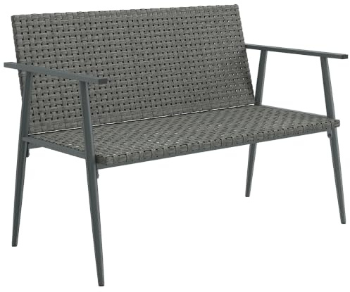 Outsunny Banc de Jardin 2 Places en Résine Tressée avec Accoudoirs Gris | Dossiers, Pieds Réglables, Structure en Acier Galvanisé, Banc d'Extérieur, Terrasse, Balcon, Jardin