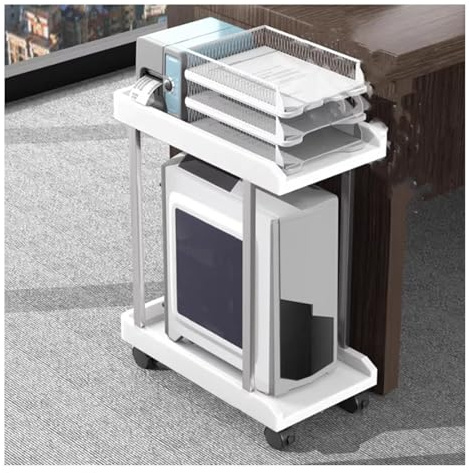 Carro For Computadora Con Soporte For PC,Carrito For Impresora Con Ruedas De 2 Niveles Debajo Del Escritorio,Marco De Metal Y Estantes De Plástico ABS,Carga Máxima 110 Libras(White,570x465x245mm)