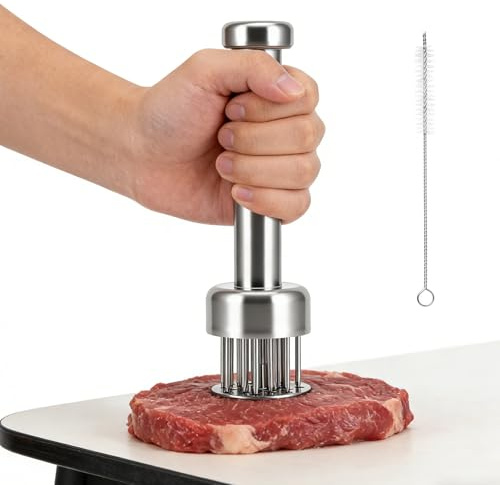 Meat Tenderiser Tool with 21 Stainless Steel Needles, Auto-Rebound | Auto-Rebound Safety Design, 2cm Deep Tenderising, Faster Marinating, Locks in Juices, Cleaning Brush Included