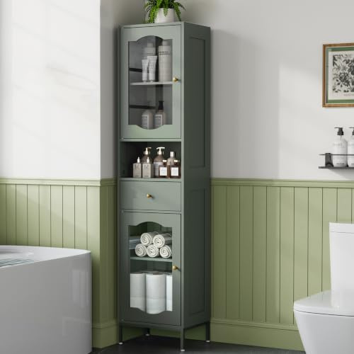AMLANCHER Badezimmerschrank Schmal mit 2 Acryltüren & Schublade, 170cm Badschrank Hochschrank für Badezimmer, 5 Fächern & Verstellbare Ablagen, 30 x 40 x 170 cm, Grün