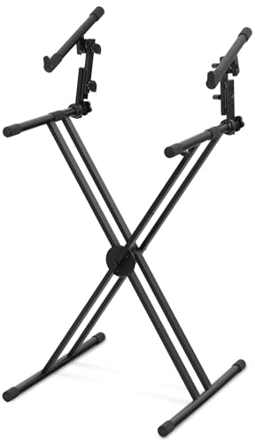 Classic Cantabile 2-fach Doppel-X-Keyboardständer - doppelstrebige Ausführung - 2 Ebenen für 2 Instrumente - Zahnsegmentverschluss für die zweite Ebene - Schwarz