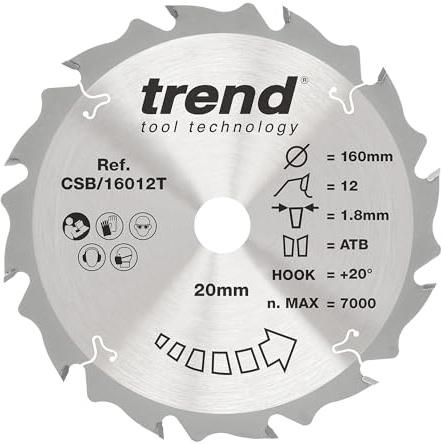 Trend 160mm TCT Wood Circular Saw Blade, 20mm Bore, 12 Teeth, +20° | Carbide-Tipped Blade For Coarse Wood Cuts, With 1.8mm Kerf, 20mm Bore And 12 Teeth For Fast Cuts, CSB/16012T