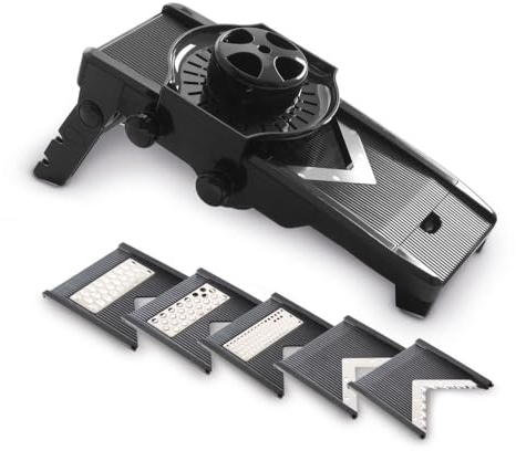 HENDI Cortador de verduras, mandolina de cocina multifuncional, rebanadora manual, en forma de V, ajustable, 5 cuchillas, 130x335x(h)75 mm, acero inoxidable, polipropileno y ABS