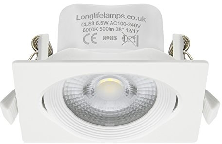 Long Life Lamp Company 4 x Adjustable 6.5w LED Recessed Ceiling Downlights Square 6000k Daylight White 500 Lumens CLS8