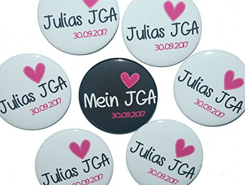 JGA-Button Set, groß, 50mm, Hochzeit-Junggesellenabschied, personalisiert, Menge und Text individuell auswählbar, Ansteckbutton, Motiv: Herz