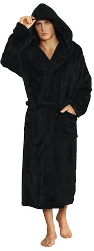 U2SKIIN Mens Fleece Hooded Robe Plush Bathrobe (Black, L/XL)
