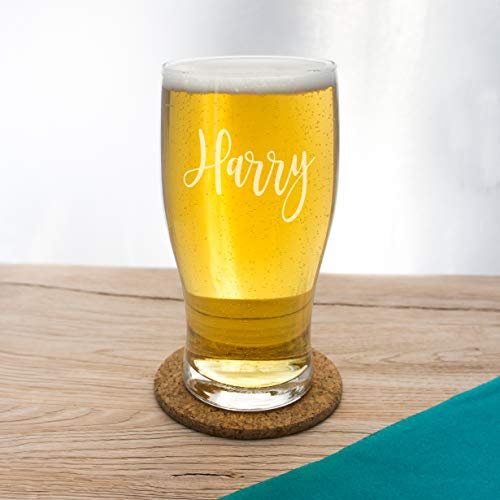 Beer glass personalised with name. Engraved pint glasses with custom text. Dad gift for him, graduation Drinks glass for lager ale drinker.