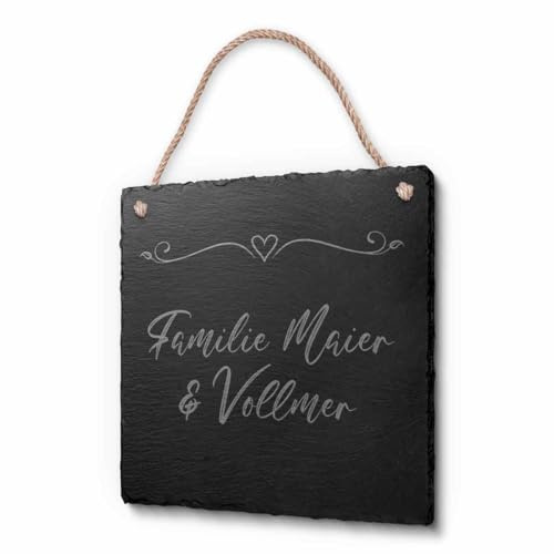 Schöne Schiefer Türschilder für die Haustür mit Gravur | Schiefer-Schild mit Kordel zum Aufhängen in ca. 20x20 cm gravierte Namensschilder Klingelschilder mit Namen oder Texten Herzlich Willkommen