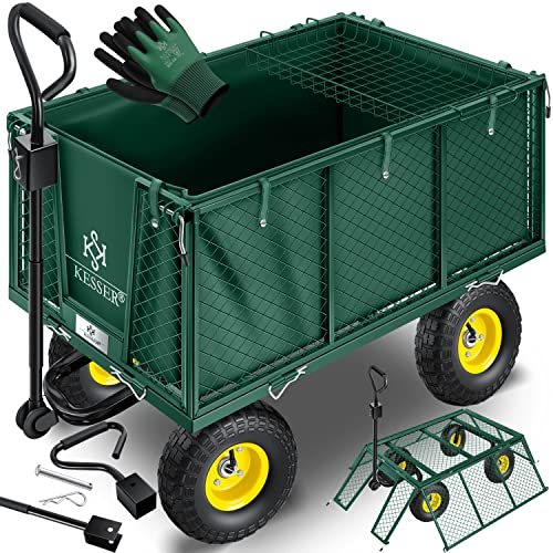 KESSER® Carrello manuale da 550 kg, Carrello da Giardino, Carrello da Trasporto, Carrello da Giardino, Telone rimovibile, Carrello per Attrezzature, Versatile, Incluso Guanti, Verde