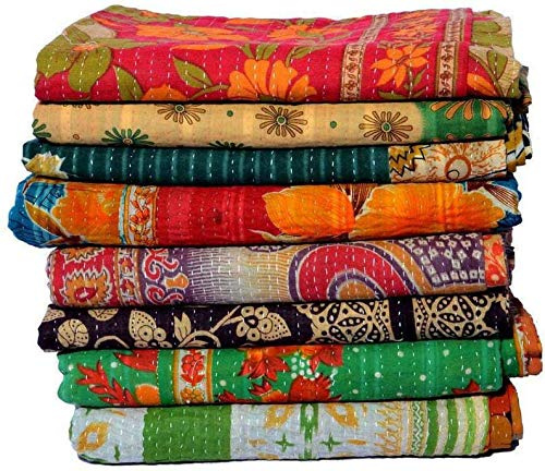 Indisk vintage kantha-täcke handgjort överkast vändbart överkast bomullstyg BOHEMIAN täcke (2)