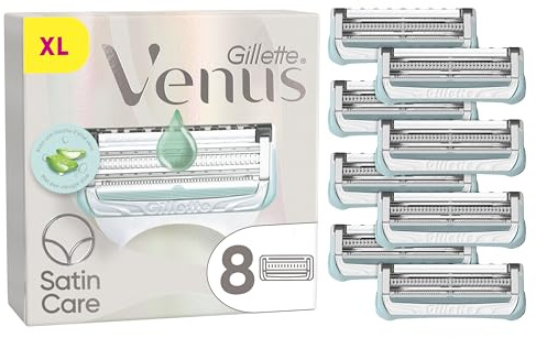 Gillette Venus + Satin Care Lot De 8 Recharges De Rasoir Pour Femmes Pour La Peau Et Les Poils Pubiens, Cartouches AUTHENTIQUES, Rasage Doux Des Zones Sensibles, Lame De Précision, Touche D’Aloe Vera