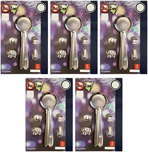 Conipa Lot de 5 figurines et 5 cuillères à fondre en étain L'arrosage du Nouvel An comme alternative non toxique au plomb Jeu de divination avec aperçu de l'interprétation pour enfants et adultes