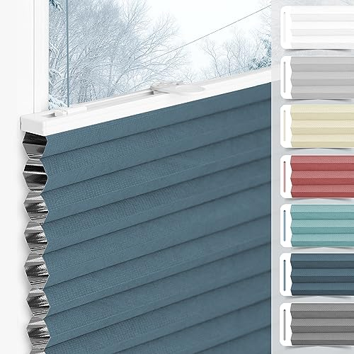 bobodeco Wabenplissee Plissee ohne Bohren Verdunkelung Klemmfix Thermo Verdunklungsplissee, Blau-Weiß 75x110 cm(BxH), 100% Verdunkelnd & Sicht- & Schallschutz, Wärmeisolierung für Fenster & Tür