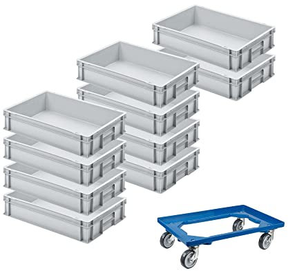 SparSet 10x Eurobehälter mit geschlossenem Griff & 1x Transportroller Blau | HxBxT 12x40x60cm | 21 Liter | Eurobox, Transportbox, Transportbehälter, Stapelbehälter
